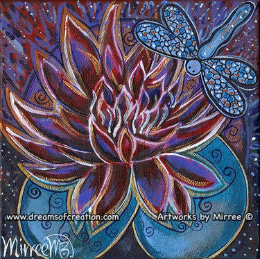 'Pink Lotus with Cosmic Dragonfly' Original Painting by Mirree Contemporary Dreamtime Animal Dreaming